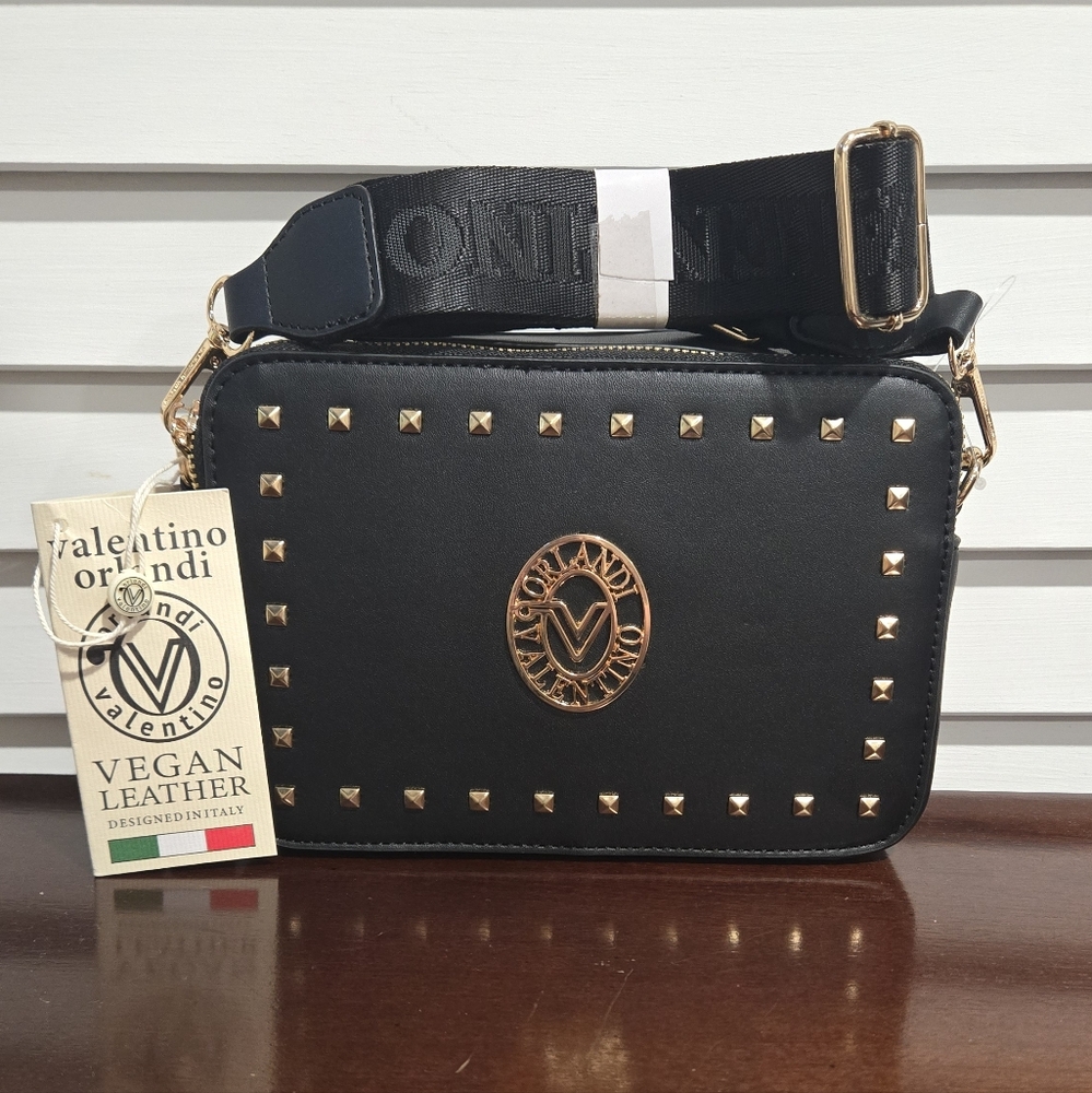 Valentino Orlandi Black Crossbody Camera Bag with Gold Accents